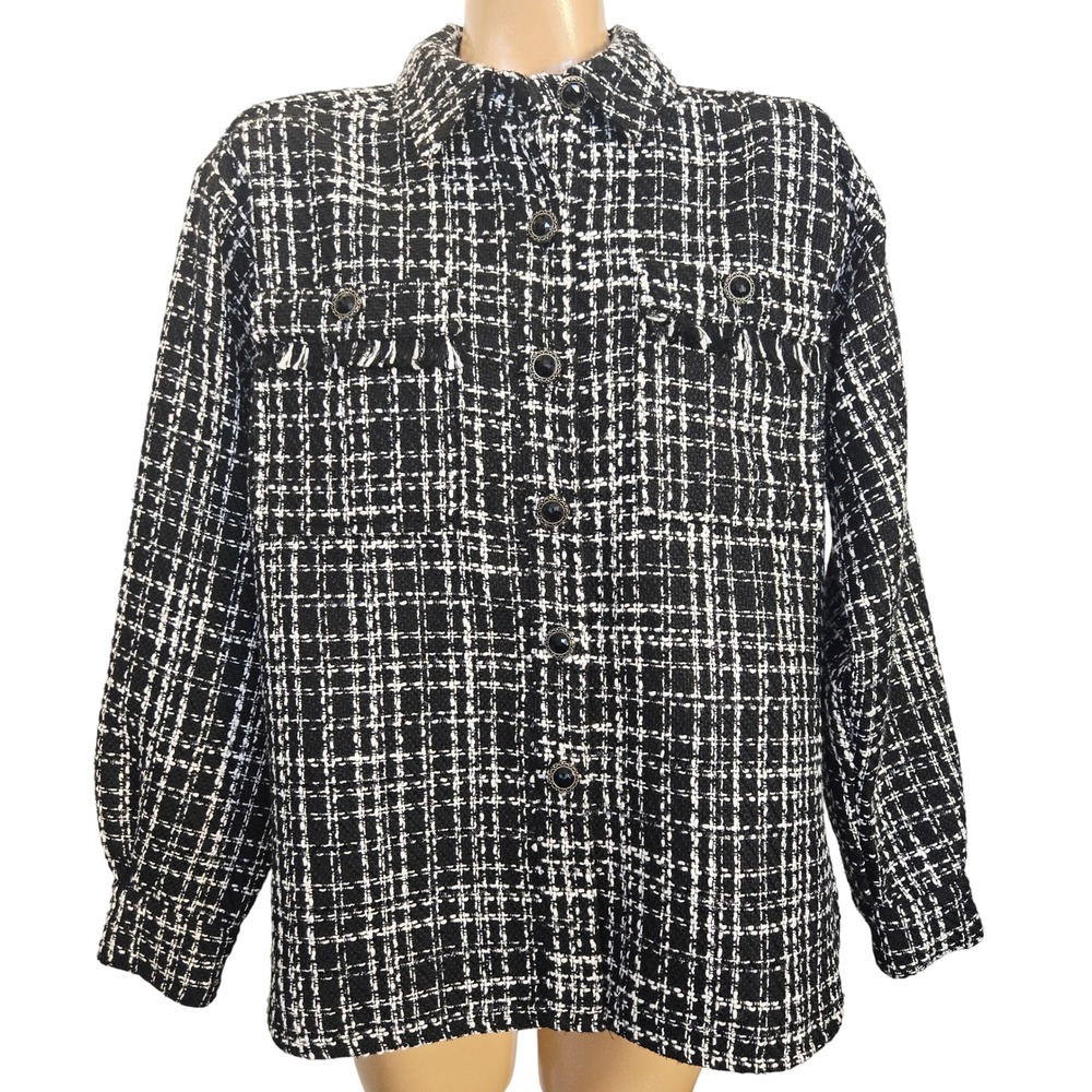 Cato Black White Tweed Shirt Jacket Shacket Button Front Fringe Pockets Small